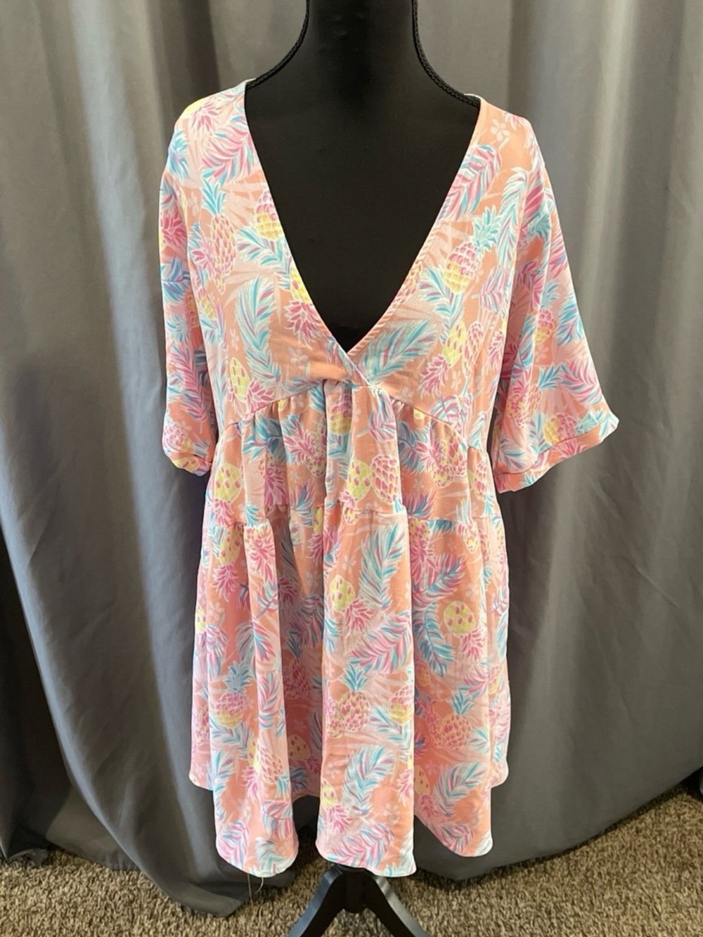 Simply, southern pineapple, print, baby doll style, mini dress, medium